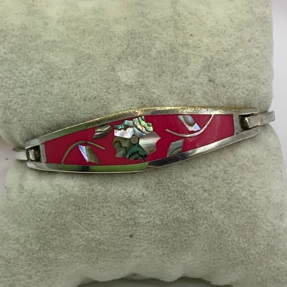 Alpaca Mexico Vintage Pink Silver Abalone Flower Inlay Bangle Bracelet - Picture 1 of 7